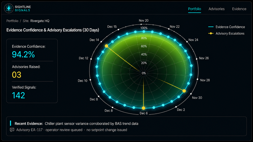 Sightline dashboard showing Evidence Confidence & Advisory Escalations radar chart for Rivergate HQ over thirty days