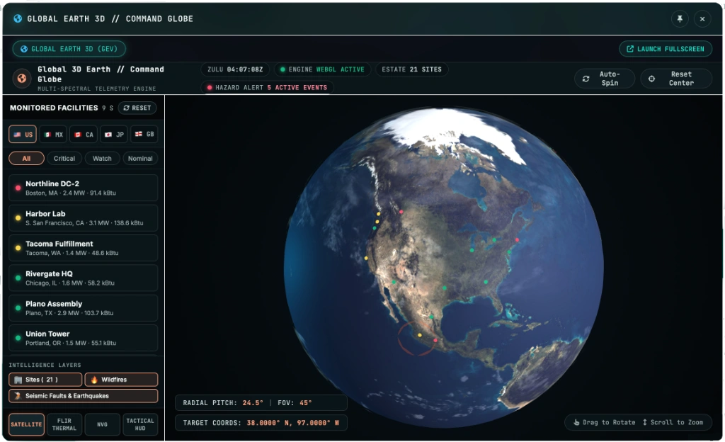 Global 3D Earth Command Globe showing multi-spectral telemetry, monitored facility sites across North America, and active hazard alerts