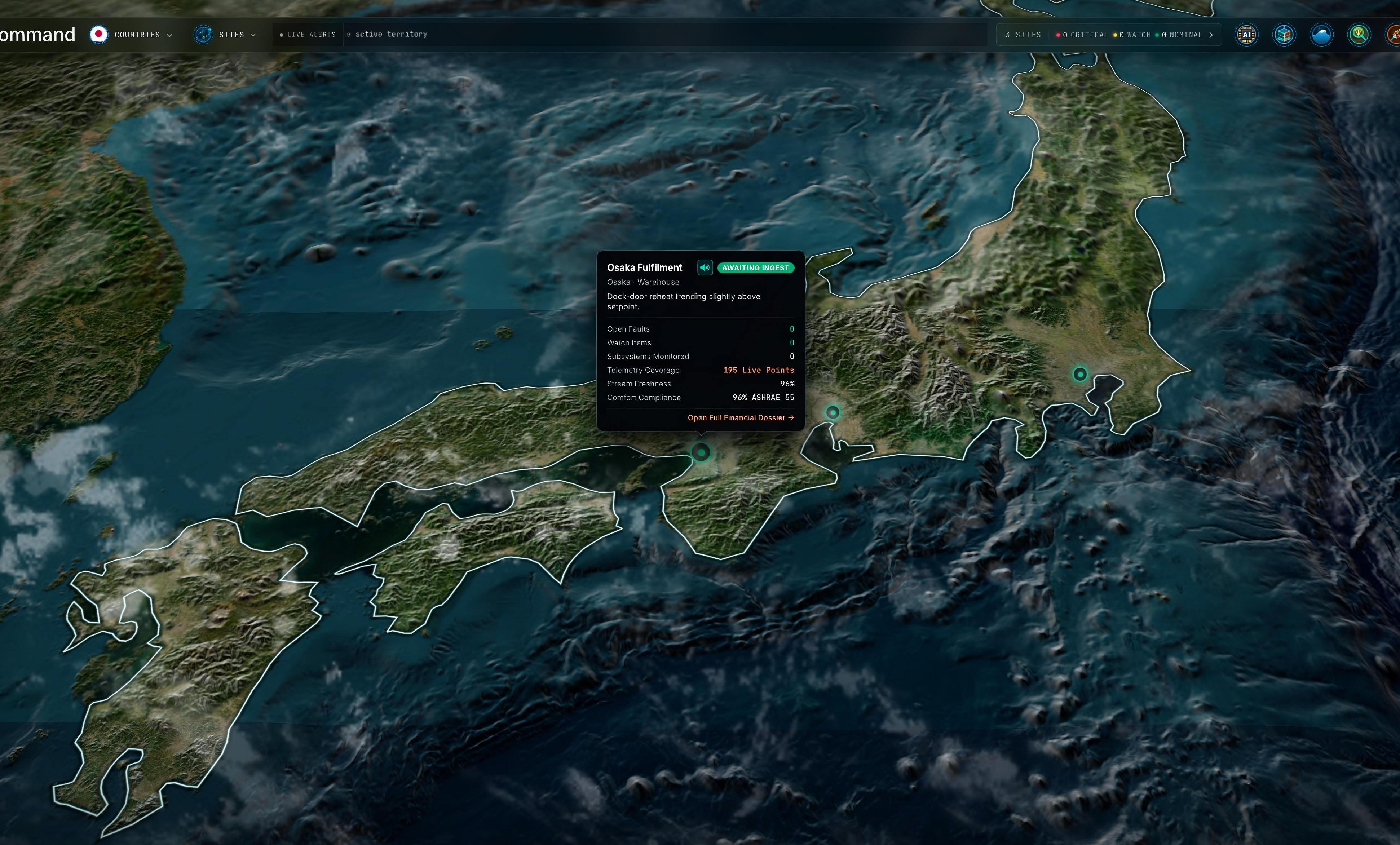 Spatial Command map of Japan showing three monitored sites, all nominal