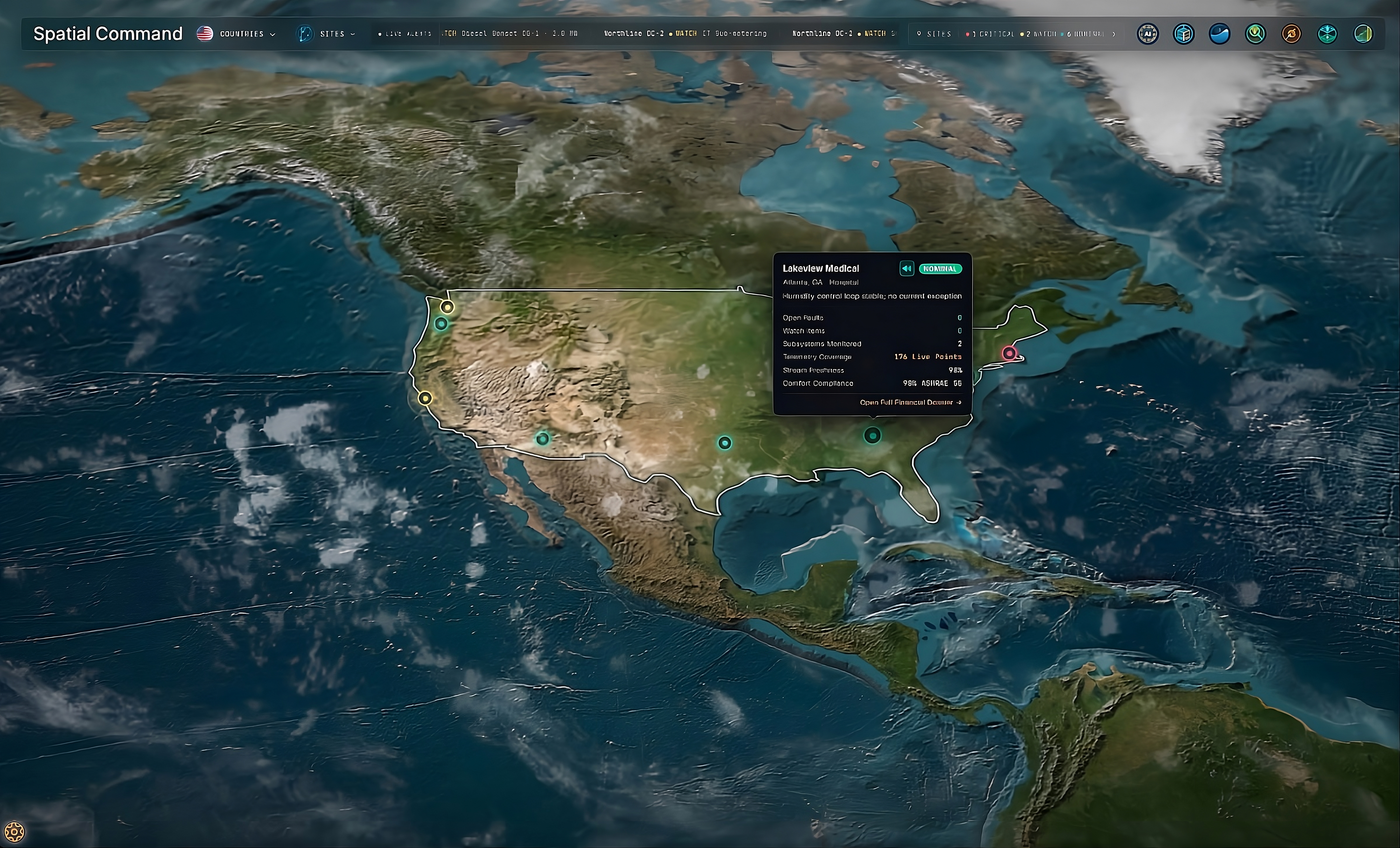 Spatial Command map of the United States showing monitored facility sites across North America and active hazard alerts